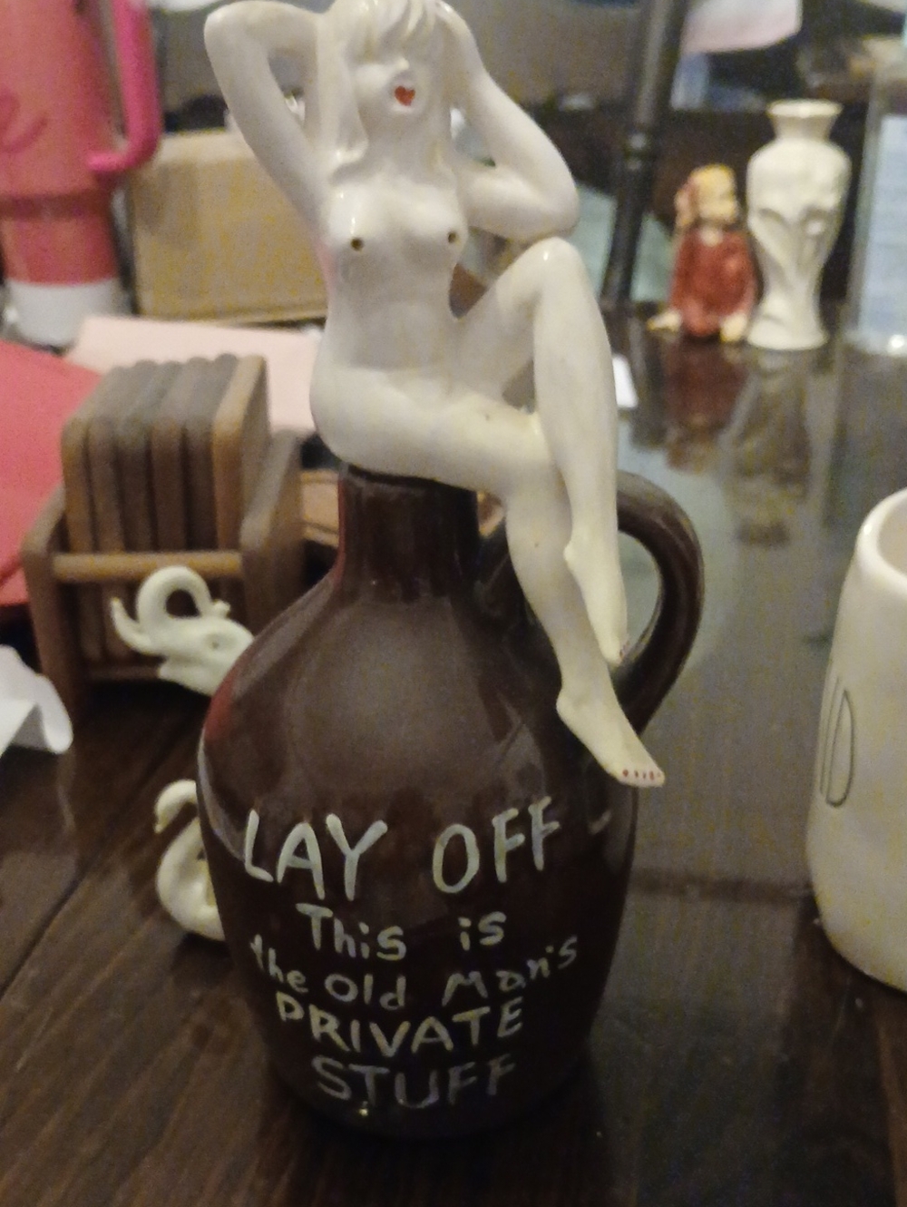 Vintage 1950 Brown Ceramic Decanter with White Figurine - Lay Off Private Stuff
